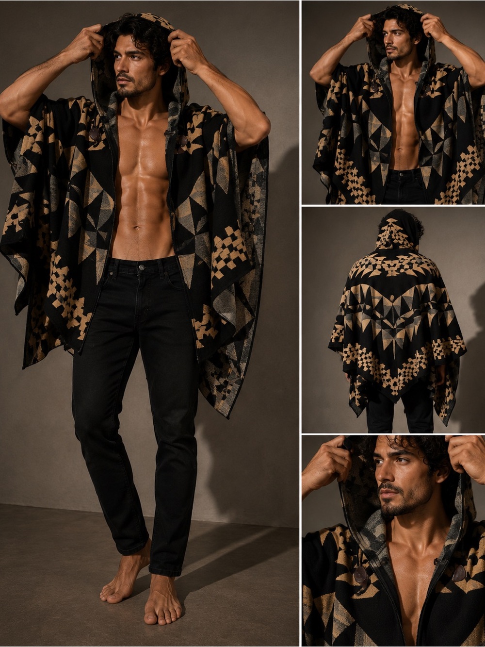 SHEIN Men's Hooded Geometric Poncho in Black & Tan
